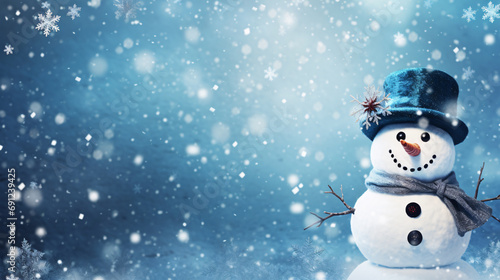 Snowman with hat and scarf on blue background with snowflakes. created with generative AI © drixe