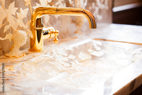 Marble washbasin with mother of pearl finish and gold tap .exclusive luxury bathroom accessories and items.  photo
