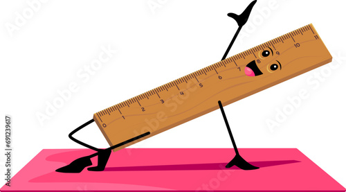 Cartoon ruler school supply character on yoga fitness sport. Isolated vector flexible, cheerful stationery personage standing on one hand, promoting balance, strength, and zen in the fitness world