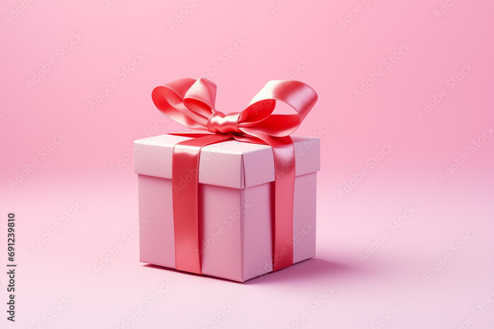 Beautifully decorated gift or present for birthday, Valentines Day or Mothers Day. Giftbox with ribbon bow isolated on pink background.