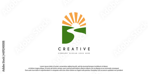 winding road river creek with mountain logo design vector illustration