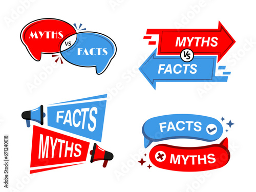 Myths and facts badges, truth and false icons separating fiction from reality. Vector symbols of knowledge, empower truth-seekers, dispel misconceptions, fostering a culture of informed understanding