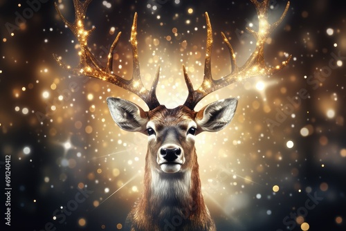 Christmas Reindeer Card, 3D Illustration, Abstract Glitter Lights