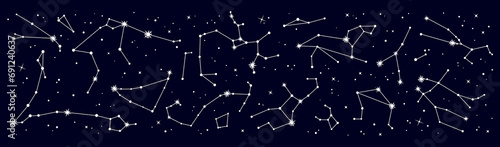 Star constellation border. Galaxy night sky map. Esoteric astrology zodiac star constellation background, astronomy galaxy celestial panorama or border, space stars sky map vector pattern or print