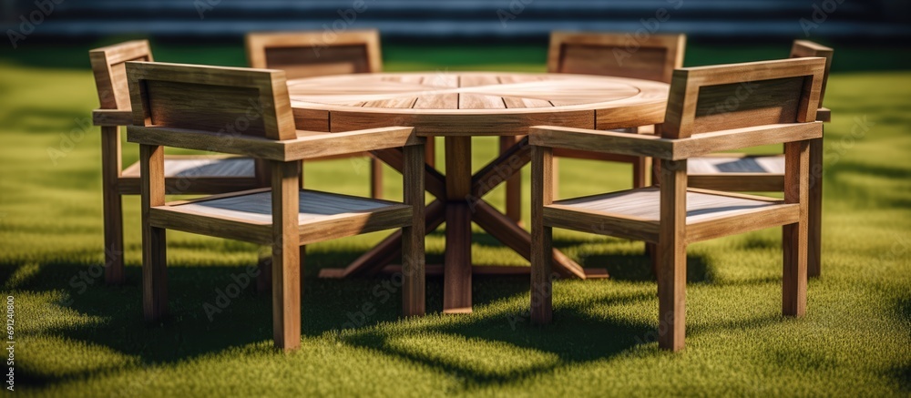 wooden chairs and a brown round table on green grass