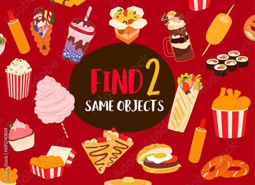 Find two same fast food, desserts and drinks game quiz worksheet. Matching fastfood junk meal vector puzzle, egg burger, chicken nuggets and legs, corn dog, sushi rolls, wok noodles and shawarma