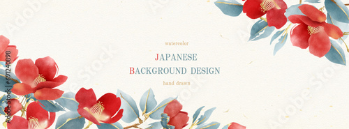 椿　水彩　和　ベクター　背景　金箔　寒中お見舞い　和紙