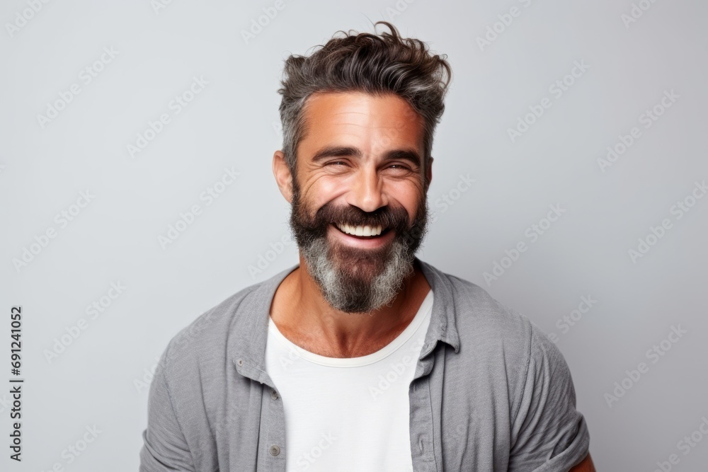 Portrait of a handsome bearded man laughing and looking at camera while standing against grey background Portrait of a handsome bearded man laughing and looking at camera while standing against grey background