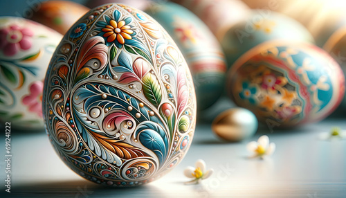 Easter egg with ornate painting with defocus eggs in background copy space
