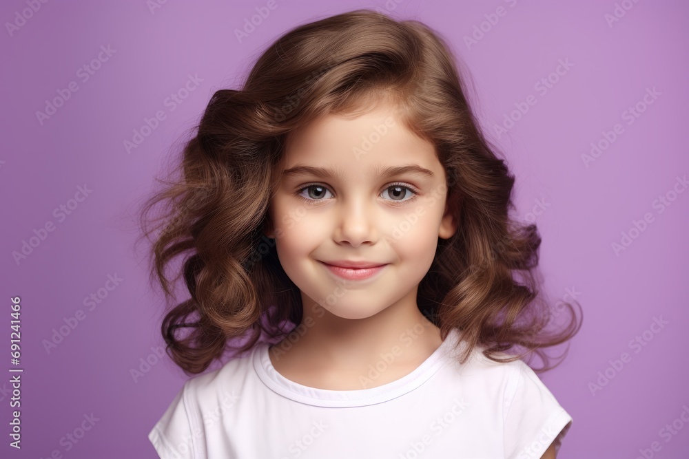 Portrait of a cute little girl with curly hair on a purple background Portrait of a cute little girl with curly hair on a purple background