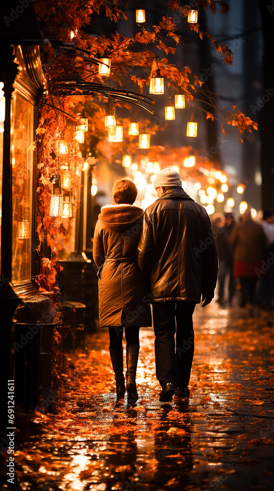A couple walks along an alley in the night lights. back view.vintage style illustration.golden lighting, holiday illumination
