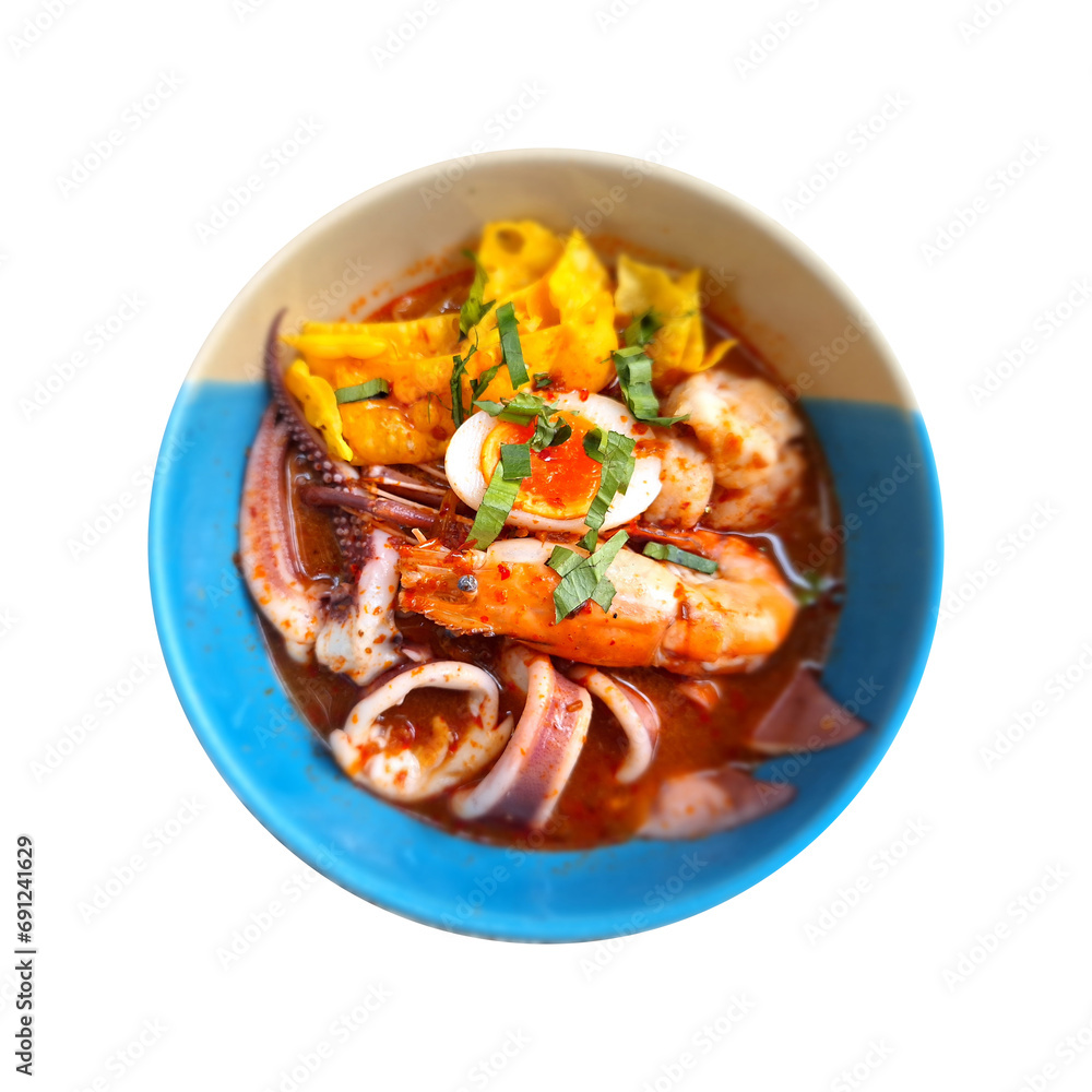 Seafood Tom Yum Noodles isolated on white background Seafood Tom Yum Noodles isolated on white background