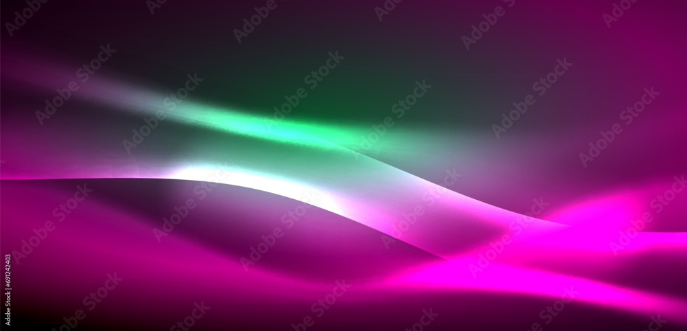Dynamic waves in ethereal glow of neon lights. Concept merges fluidity of motion with vibrant allure of neon, crafting entrancing backdrop that embodies both vitality and futuristic sophistication Dynamic waves in ethereal glow of neon lights. Concept merges fluidity of motion with vibrant allure of neon, crafting entrancing backdrop that embodies both vitality and futuristic sophistication