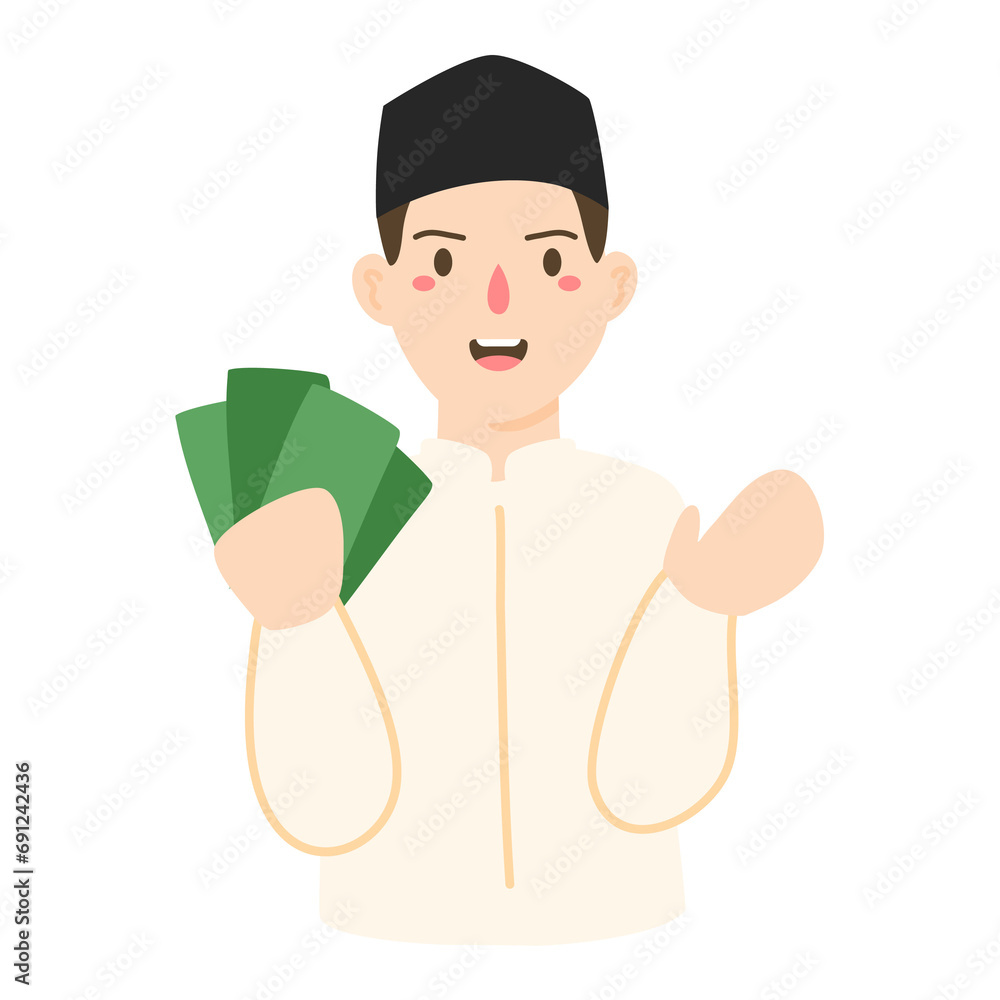 muslim man holding rupiah money paper