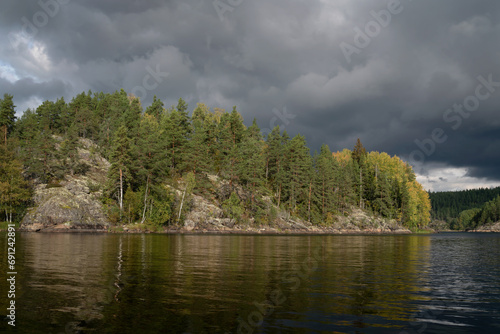 Lake Ladoga near the village Lumivaara on a sunny autumn day  Ladoga skerries  Lakhdenpokhya  Republic of Karelia  Russia