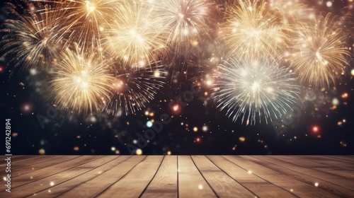 Wooden table or floor empty for product placement with new year firework in background comeliness
