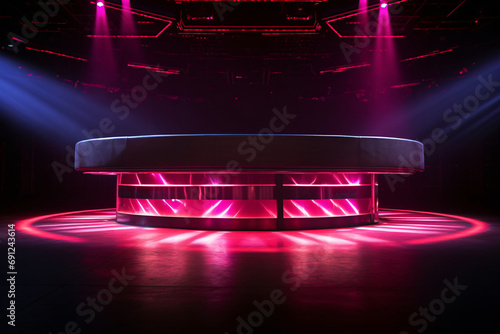 Illuminated empty VIP table close-up, the interior of a high-energy nightclub with dynamic lighting and a backdrop of dancing silhouettes, ready for a glamorous night out promotion. photo