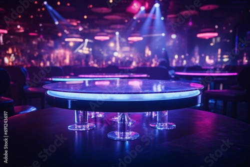 Illuminated empty VIP table close-up, the interior of a high-energy nightclub with dynamic lighting and a backdrop of dancing silhouettes, ready for a glamorous night out promotion.