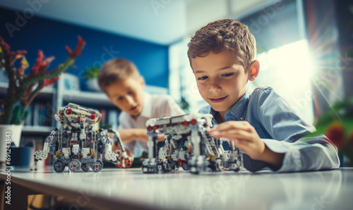 Kids Learning Robotics in School with Blurred Background
