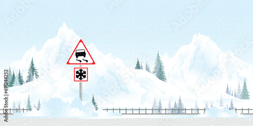 Warning sign driving in winter. Road sign warns of ice and snow at winter.
