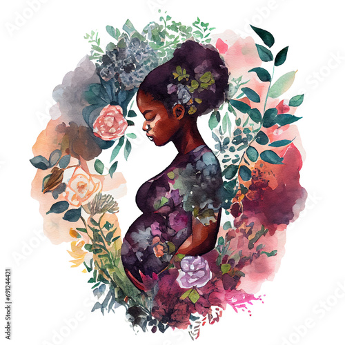 Cartoon watercolor pregnant woman with colorful paint splash on a transparent background