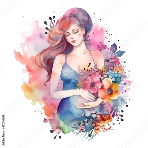 Cartoon watercolor pregnant woman with colorful paint splash on a transparent background