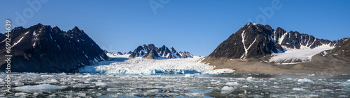 Panoramic landscape in Liefde Fjord, Svalbard, global warming showing in the melting ice 
