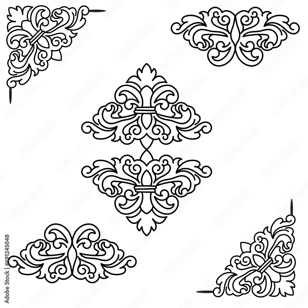 Fototapeta premium Vector illustration of decorative corner frame set. Hand Draw of Corners Different Shapes Flower Decoration Vector Design Doodle Sketch Style for Wedding and Banner. 