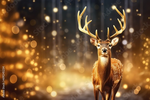 Shiny Reindeer Christmas Card, Glittering Defocused Background