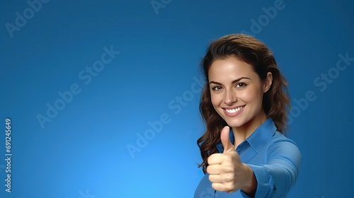 Portrait of a beautiful woman showing thumbs up gesture with copy space,  photo