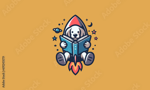 dog reading book with rocket vector logo design