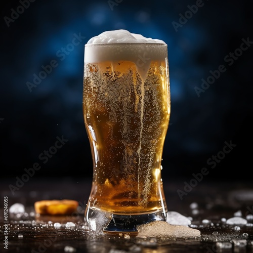 A glass of cold fresh beer with cap of foam. Splash of foam with tasty american beer. Beer day