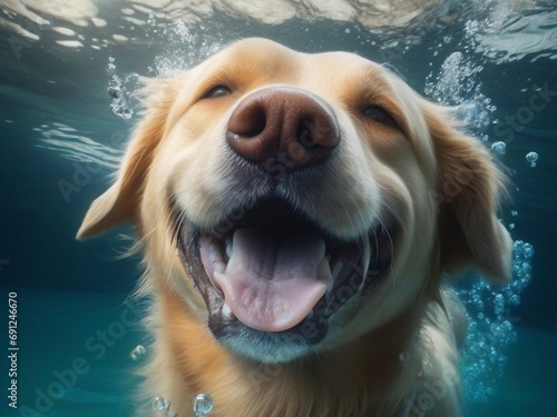 Joyful Labrador dog swimming underwater, happiness captured beneath the surface. Perfect pet photography for dog lovers: The dog pet swims under the water.