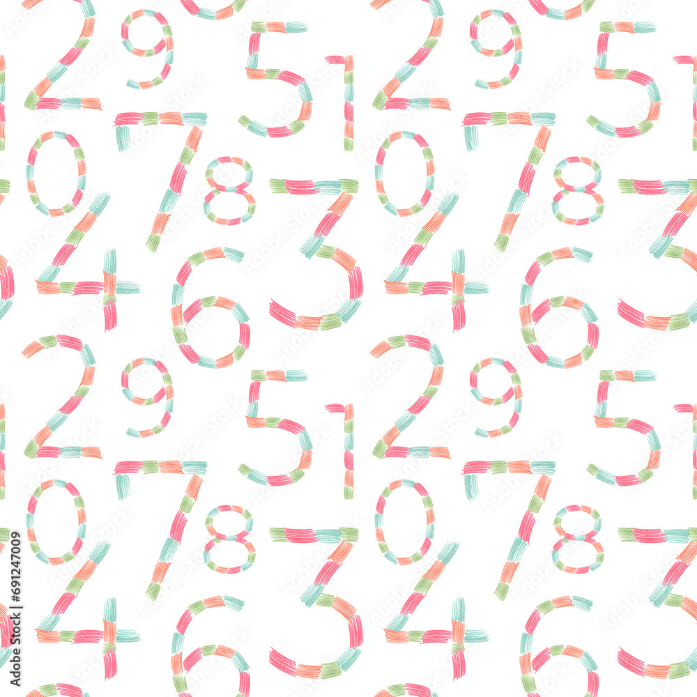 Number. Seamless pattern of different numbers. Hand drawn pencil illustration. Imitation of a child's drawing. For packaging design, background, banner. Birthday date Number. Seamless pattern of different numbers. Hand drawn pencil illustration. Imitation of a child's drawing. For packaging design, background, banner. Birthday date