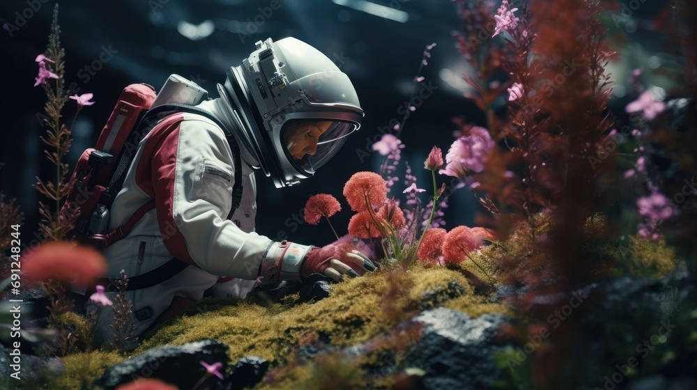 An astronaut exploring and researching a variety of plants on other planet. Science fiction, Space An astronaut exploring and researching a variety of plants on other planet. Science fiction, Space