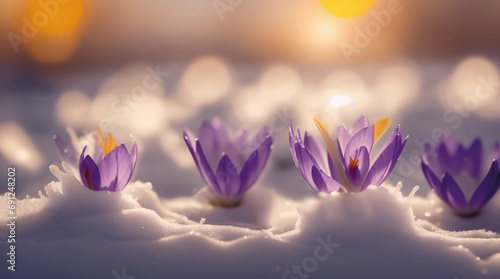 Crocuses in the snow  in early spring at sunset © Tatiana Sidorova