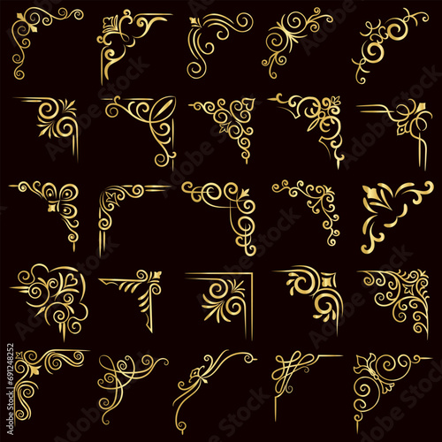 Gold vector illustration of decorative corner frame set. Hand Draw of Corners Different Shapes golden corner frame vintage frame decoration, Gold floral ornaments. 
