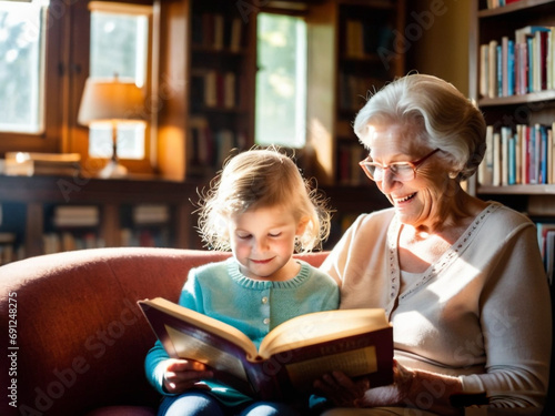 grandmother and granddaughter reading a book together