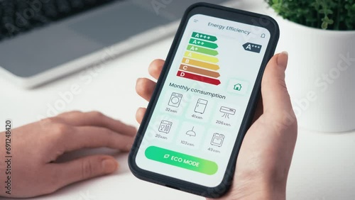 Turning on ECO mode using the energy efficiency rating app. Increasing savings by decreasing energy consumption of house appliances and making a green and eco-friendly smart home. photo