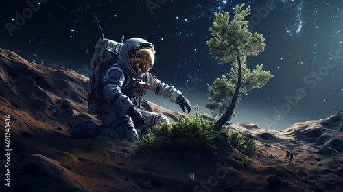 An astronaut plants a tree on moon. Science fiction  Space exploration
