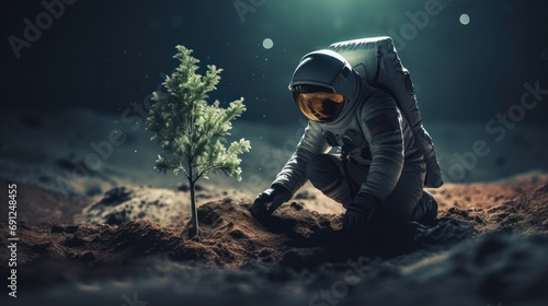An astronaut plants a tree on moon. Science fiction, Space exploration