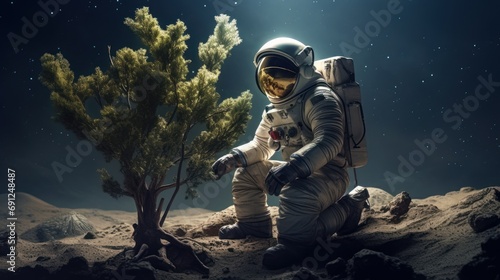 An astronaut plants a tree on moon. Science fiction, Space exploration photo