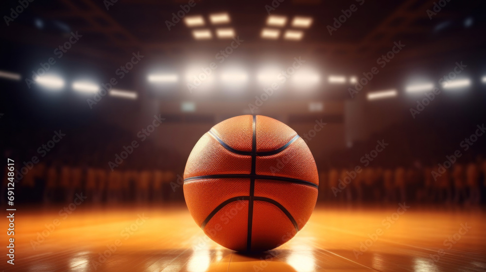 Basketball ball on the floor of a basketball court. Basketball ball on the floor of a basketball court.