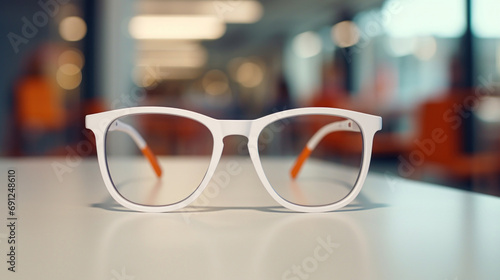 Sunglasses with white plastic frame on the table in the office