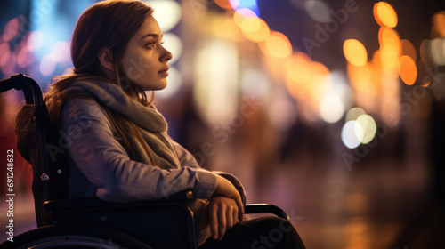 Young woman in a wheelchair at night on the street. Side view.