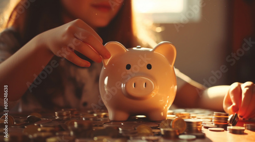 Little girl putting coin into piggy bank on table, closeup