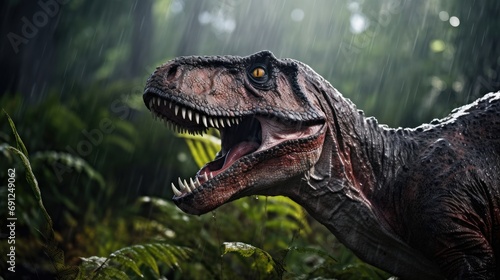 Tyrannosaurus Rex in the Green Prehistoric Jungle Forest. T-Rex The Hunting Dinosaurs is a Large Carnivorous Dinosaur that Lived in the Late Cretaceous Period © Thipphaphone