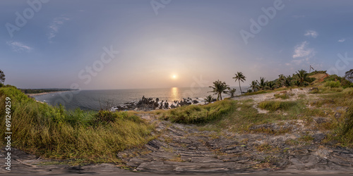 360 hdri panorama with coconut trees on ocean coast on mountain in equirectangular spherical seamless projection