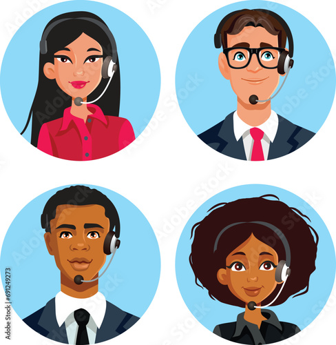 Receptionists Wearing Headsets with Microphones Vector Characters. Smiling telemarketers with headsets avatar collection of portraits 
