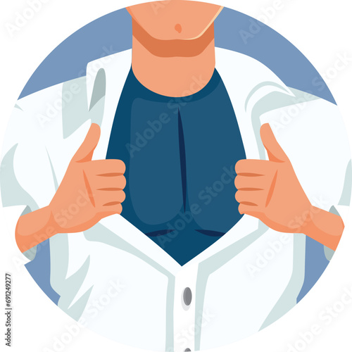 Superhero Opening his Shirt Revealing Superpowers Vector Cartoon Design. Mysterious courageous superhuman showing his muscular chest 
